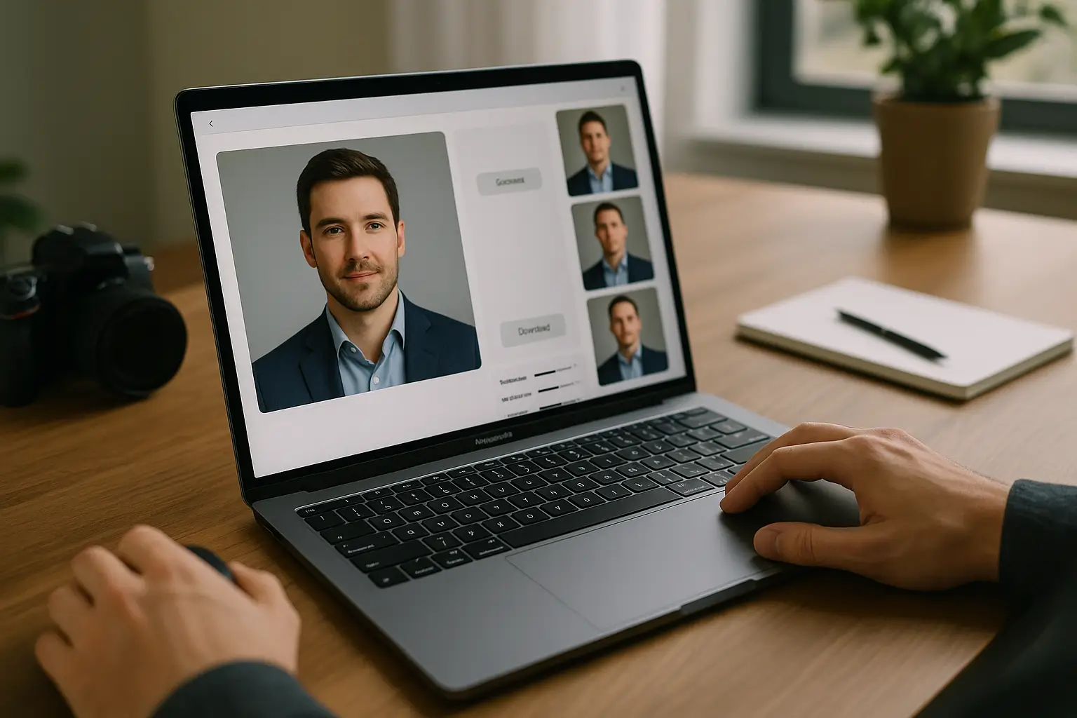 Workspace showing AI generation, selection, and light retouching of an AI LinkedIn photo