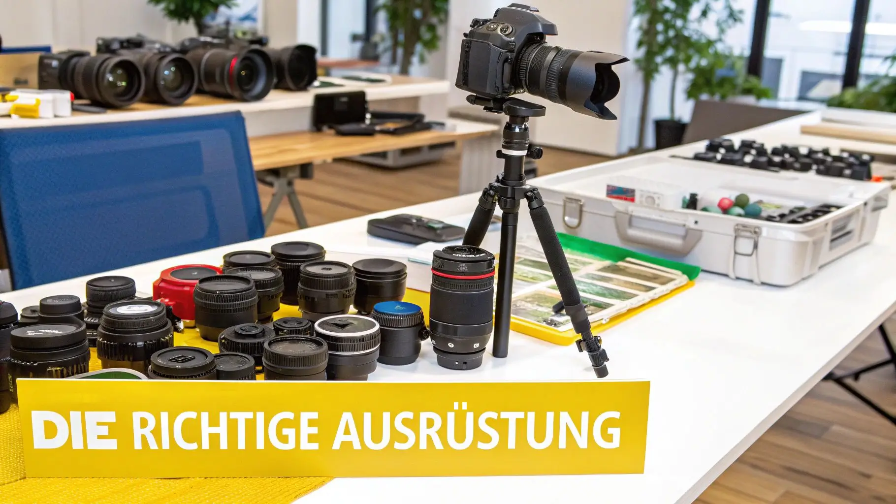 Eine professionelle Kamera, die auf ein Studiolicht-Setup für ein Business-Porträt-Shooting gerichtet ist.
