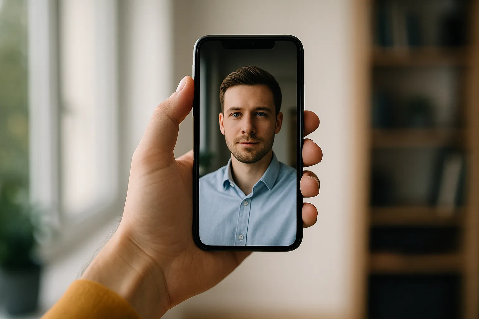 Outfit und Grooming: dezent, klar, fotofreundlich – ideal fürs Selfie für CV‑Foto
