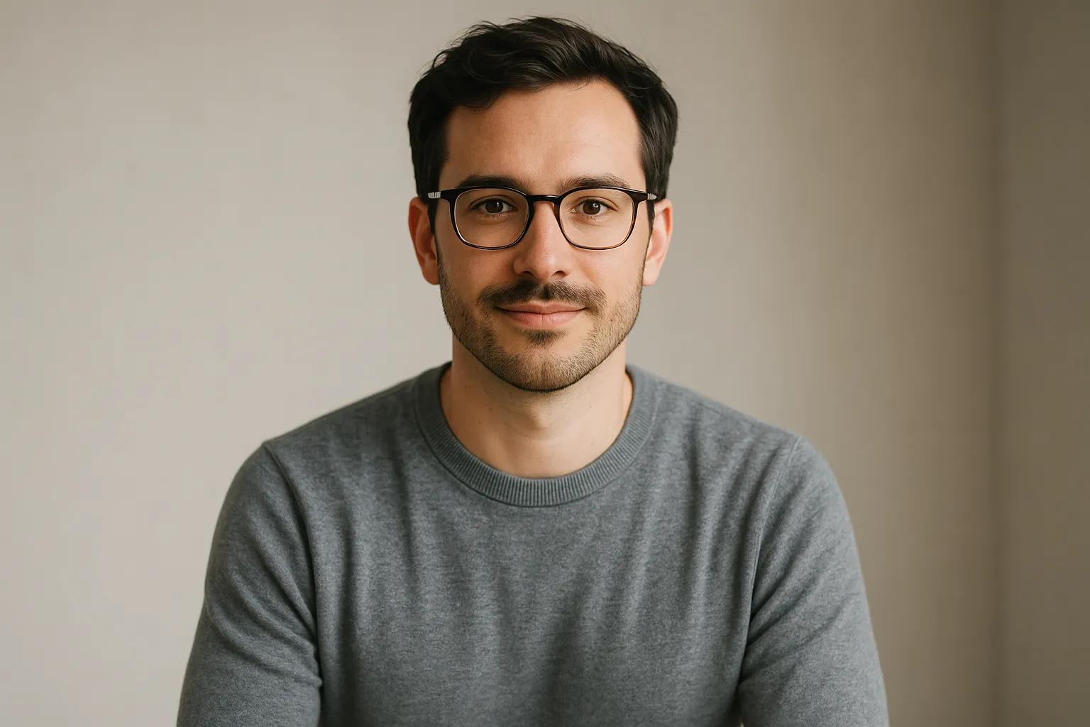 Authentisches Founder-Portrait mit neutralem Hintergrund, freundlich und fokussiert