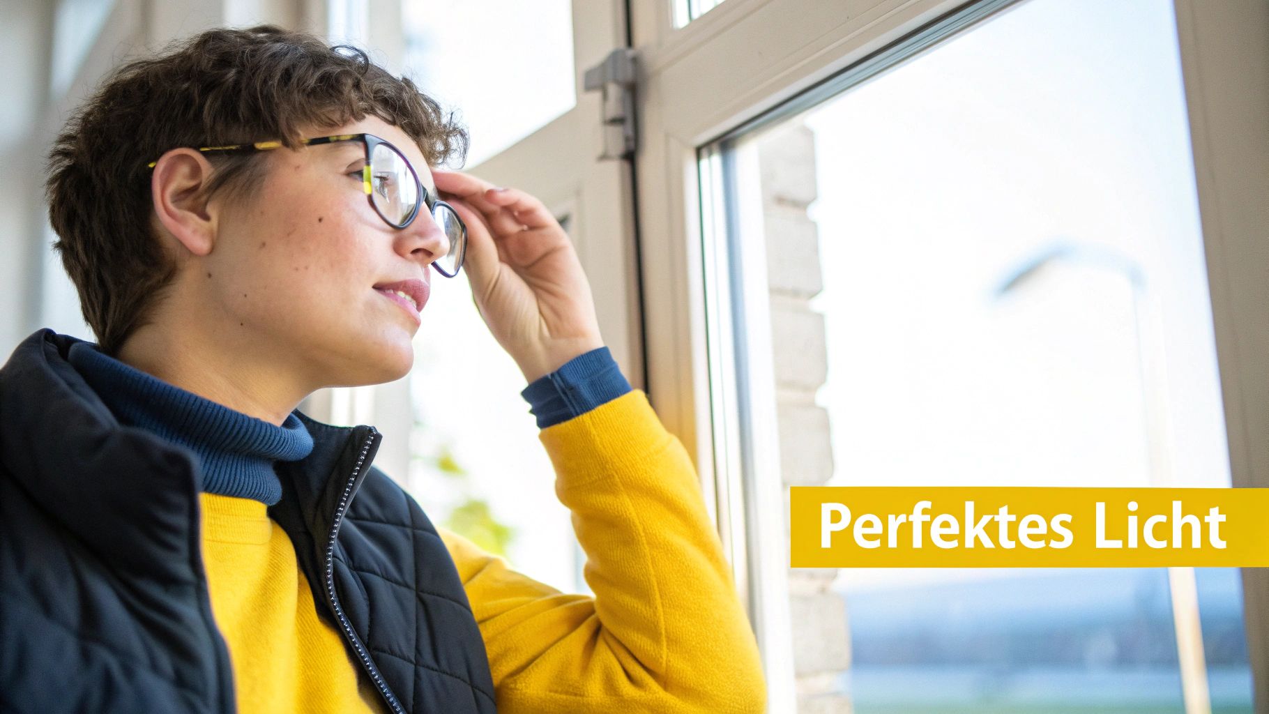 Eine Frau mit Brille sitzt vor einem Fenster, das als natürliche Lichtquelle dient und Reflexionen in den Brillengläsern minimiert.