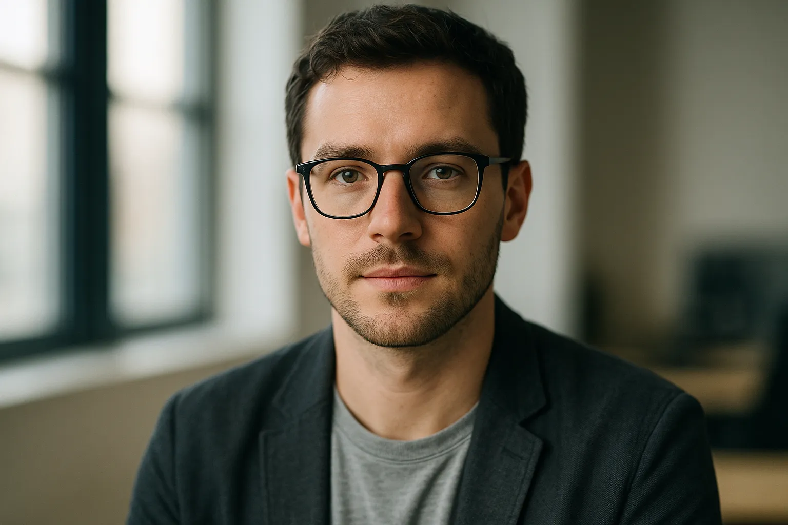 Locker-aufgerichtete Pose für bewerbungsbild mit brille, Hintergrund leicht abgesetzt