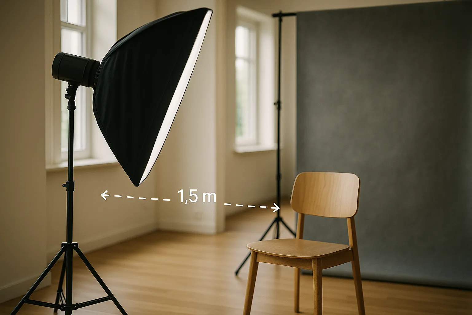 Licht- und Hintergrund-Setup mit markiertem Abstand und Fensterposition; bewerbungsfoto tipps visualisiert
