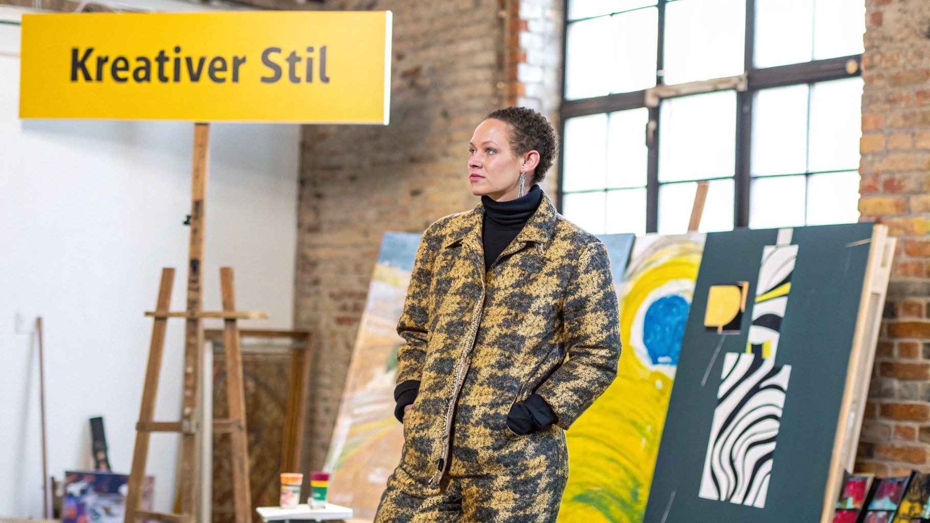 Eine Frau mit blonden Haaren in einem kreativen Outfit vor einem Studiohintergrund