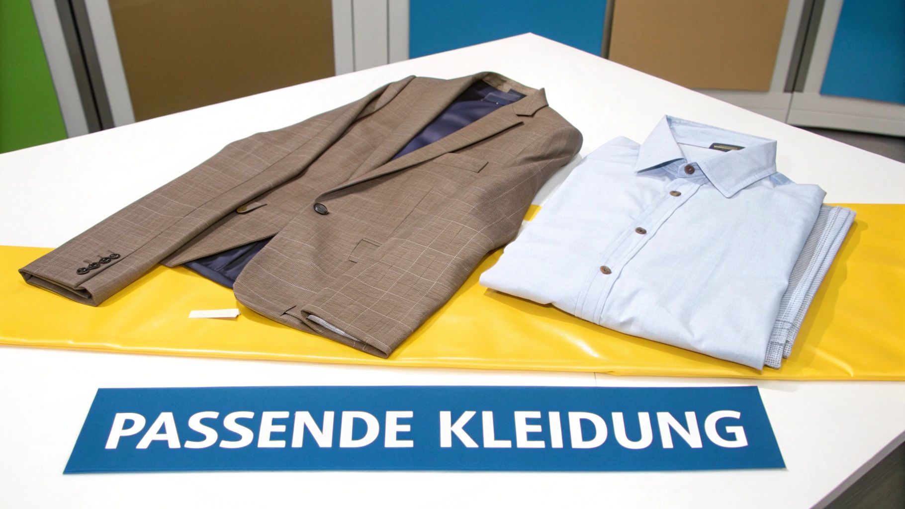 Ein Mann im Business-Outfit, der selbstbewusst in die Kamera blickt, während er eine offene, positive Haltung einnimmt.