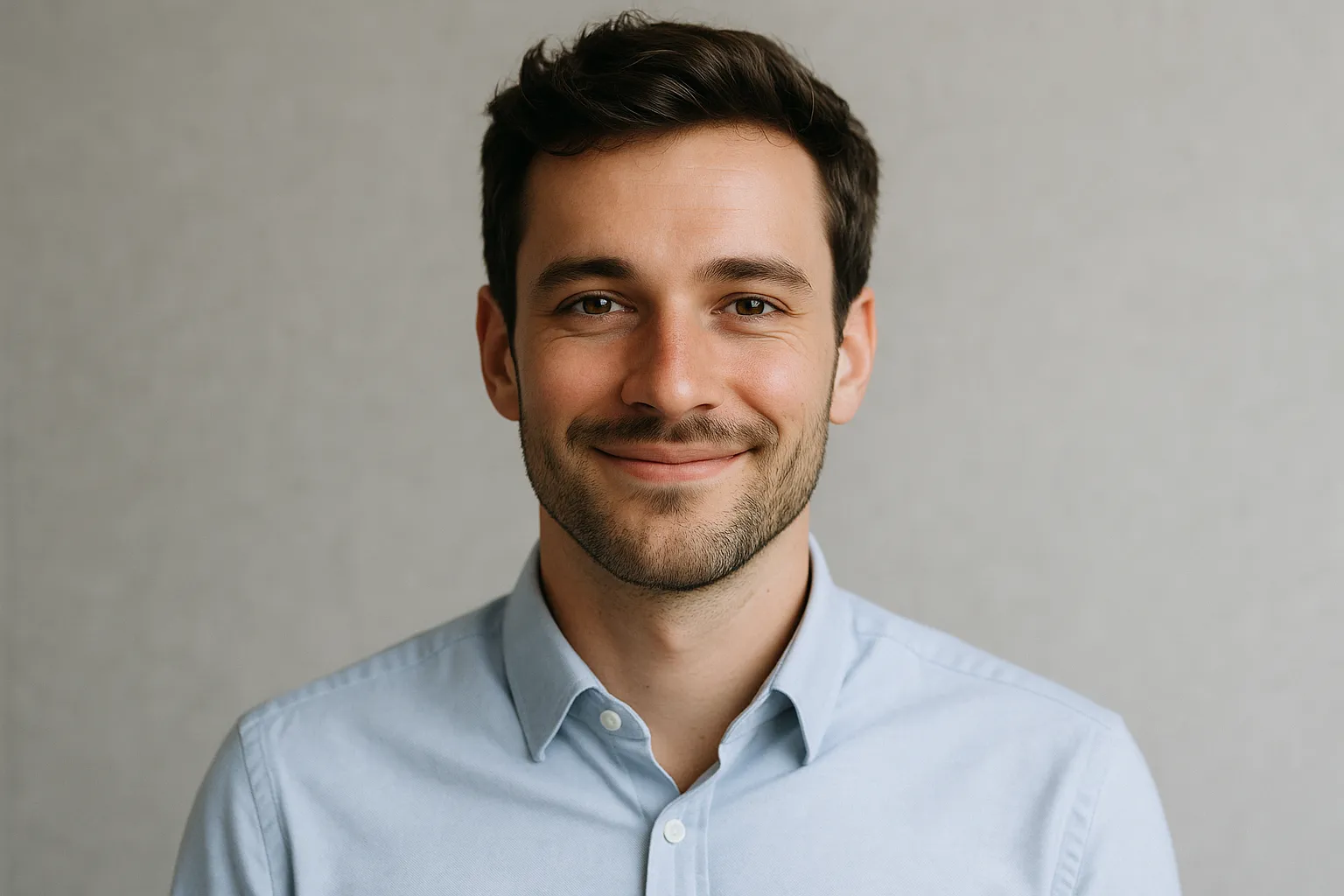 Porträtaufschnitt mit neutralem Hintergrund, Farbbeispielen und entspanntem Lächeln – bewerbungsfoto checkliste visualisiert