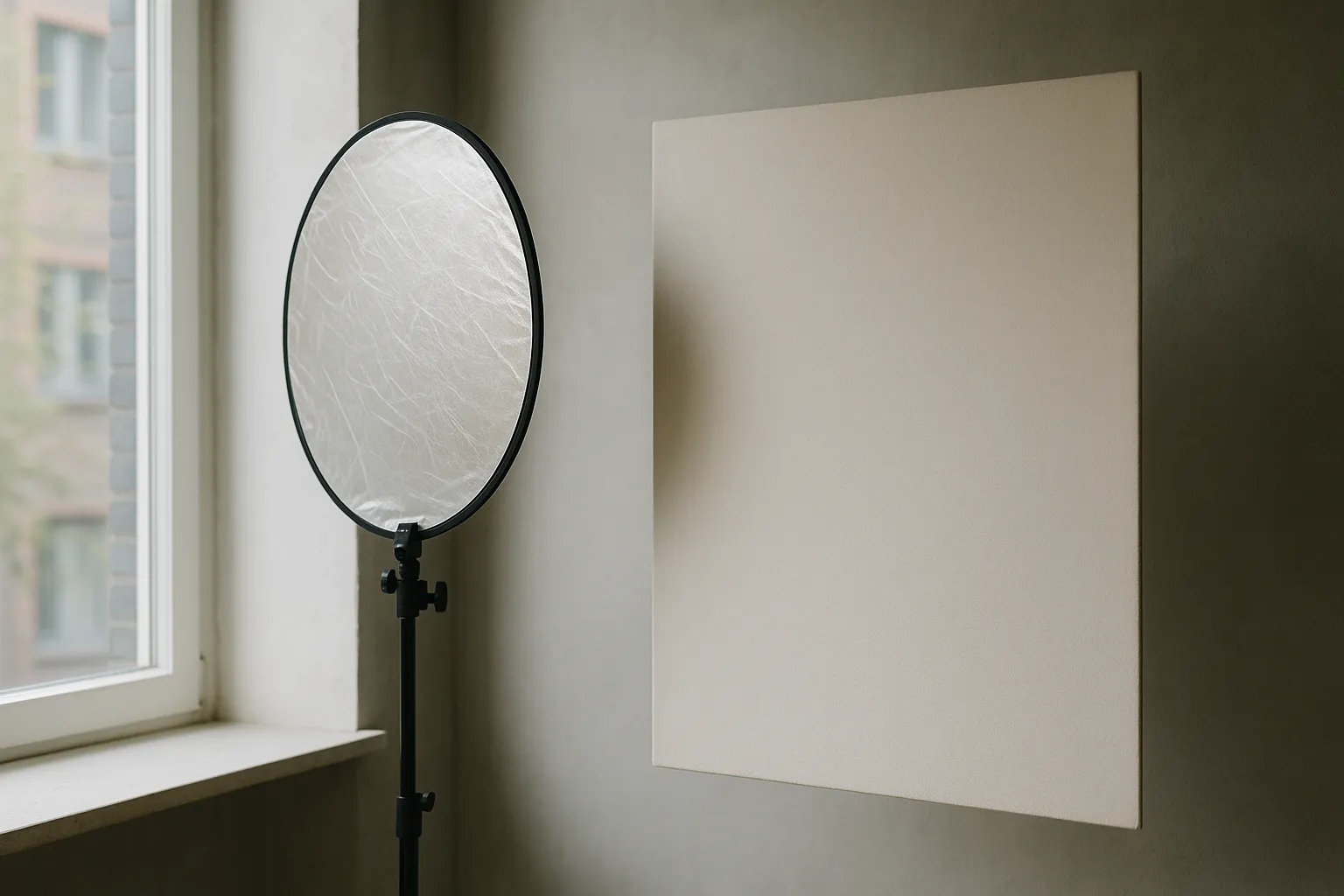 Fensterlicht-Setup mit Reflektor neben neutralem Hintergrund – checkliste bewerbungsfoto am Fenster