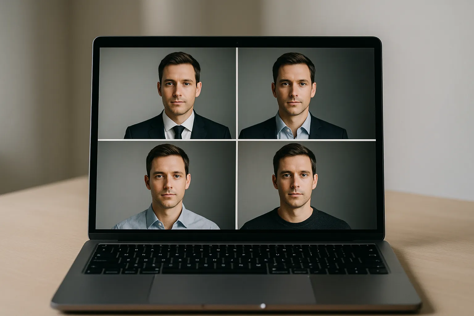 Mockup: KI-generierte Portraitvarianten auf einem Laptopbildschirm, ruhiger Hintergrund