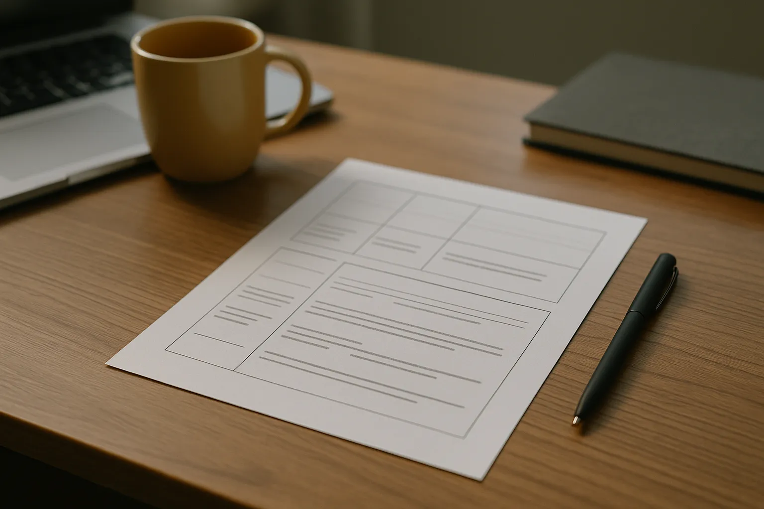 Layout-Skizze: Ränder, Spalten, Typo; klar und ruhig