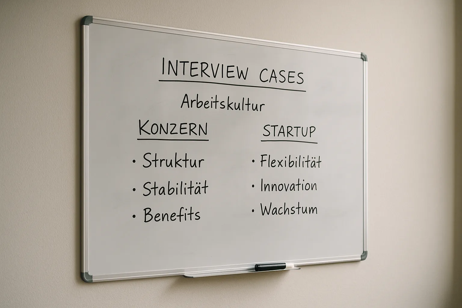 Whiteboard-Notizen zu interview cases; arbeitskultur konzern vs. startup bewerbung