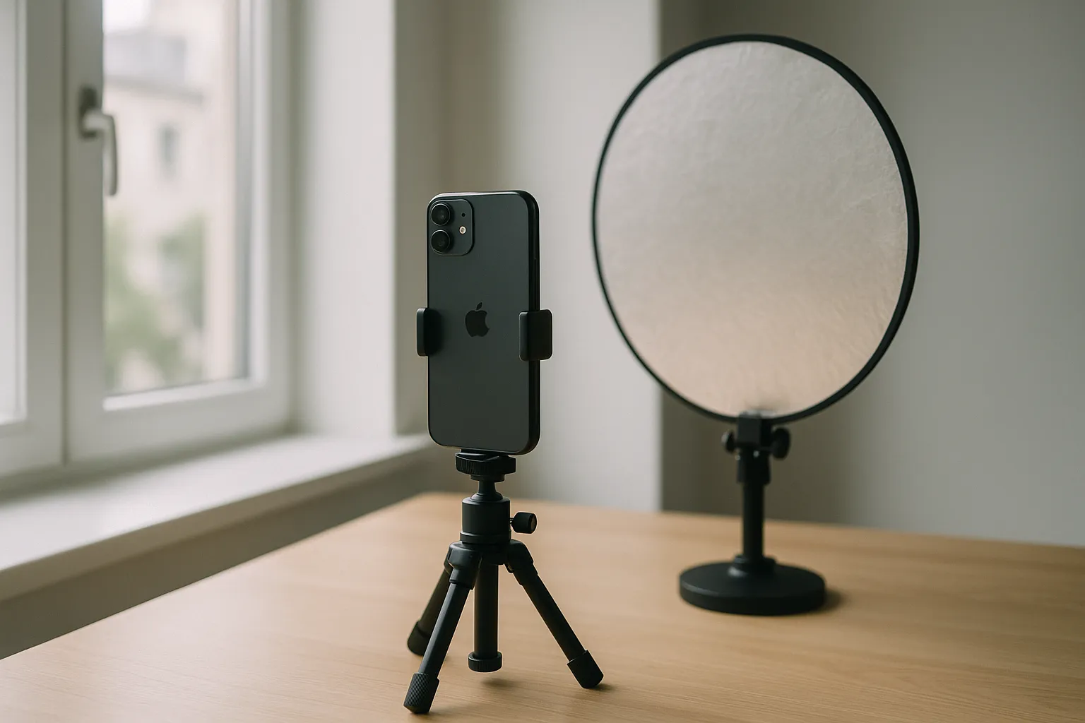 Zeitgemäße bewerbungsfotos: Smartphone-Workflow mit Fensterlicht, Reflektor und neutralem Hintergrund Workflow: Smartphone-Setup mit Fensterlicht und Reflektor
